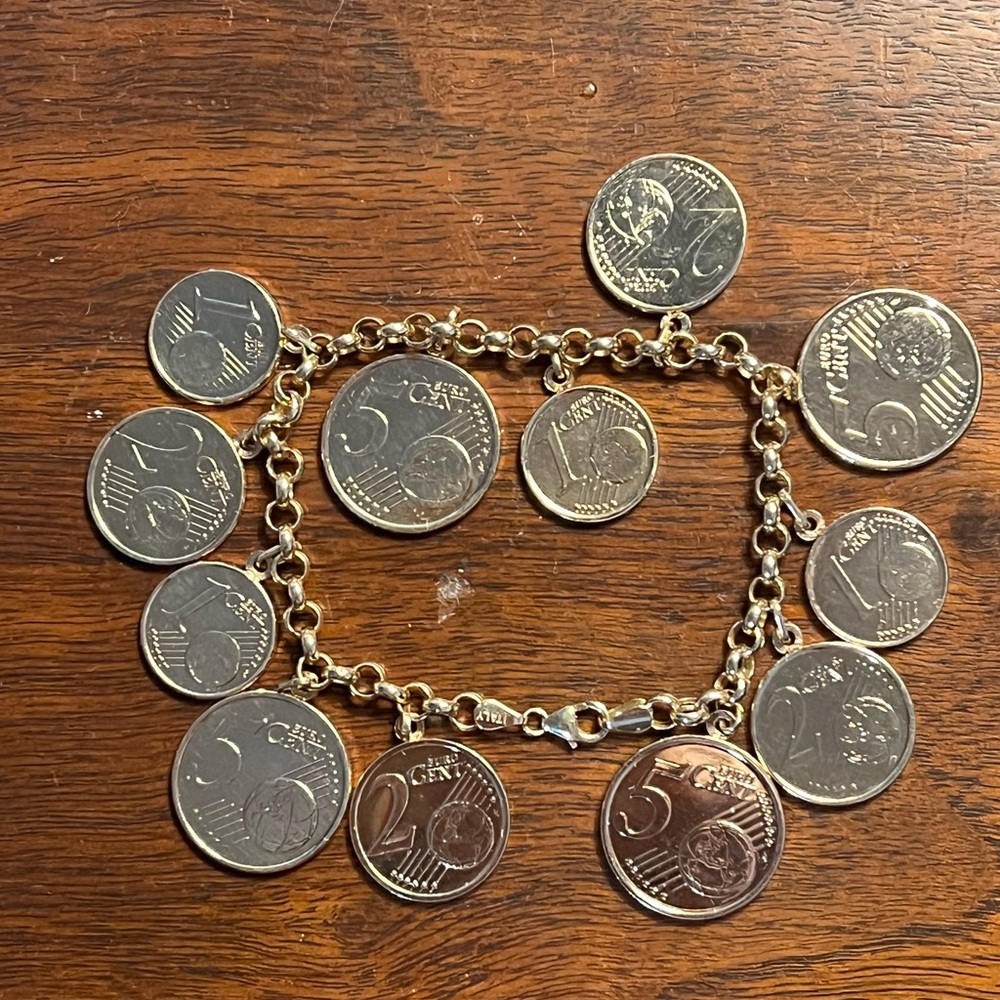 Milor Italy 14K Yellow Gold 12 Euro Coin Charm Rolo Link Bracelet
